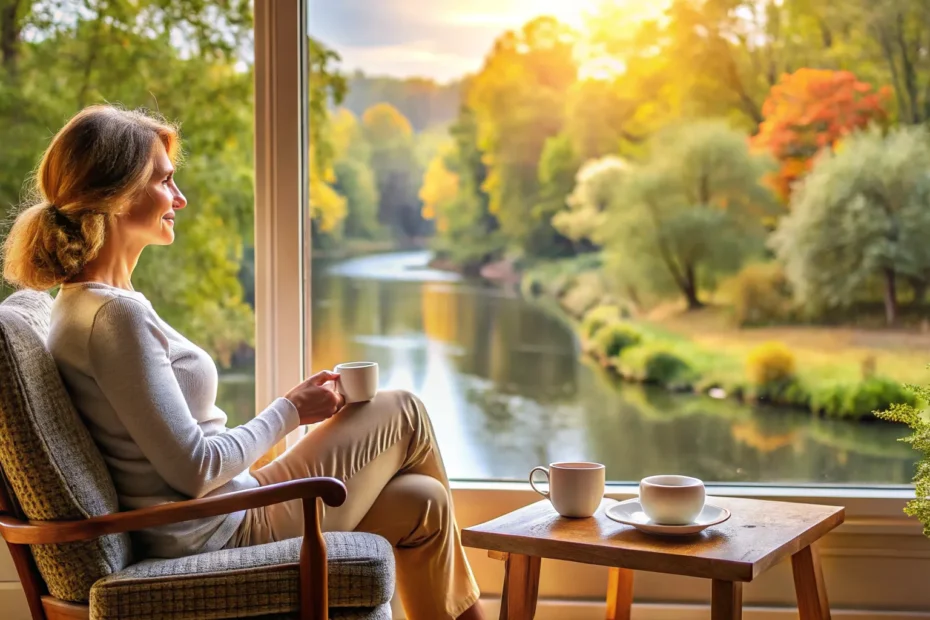 a woman siting in a beatiful room with big window to represent emotional intelligence