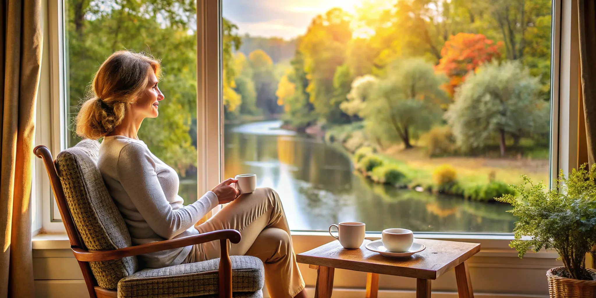 a woman siting in a beatiful room with big window to represent emotional intelligence